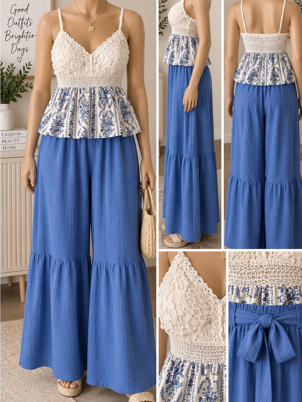 Crochet Lace Bodice Dress with Blue Floral Skirt - Blue and White